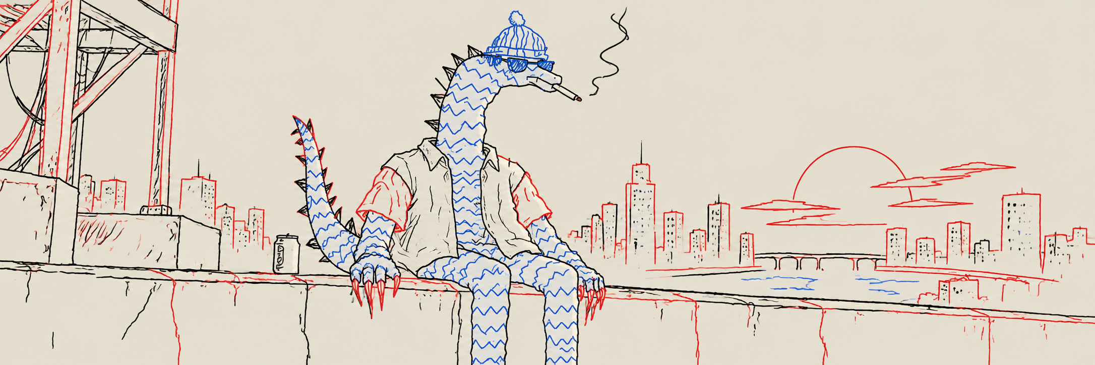 Chillzilla relaxing above the city in a blue knit cap