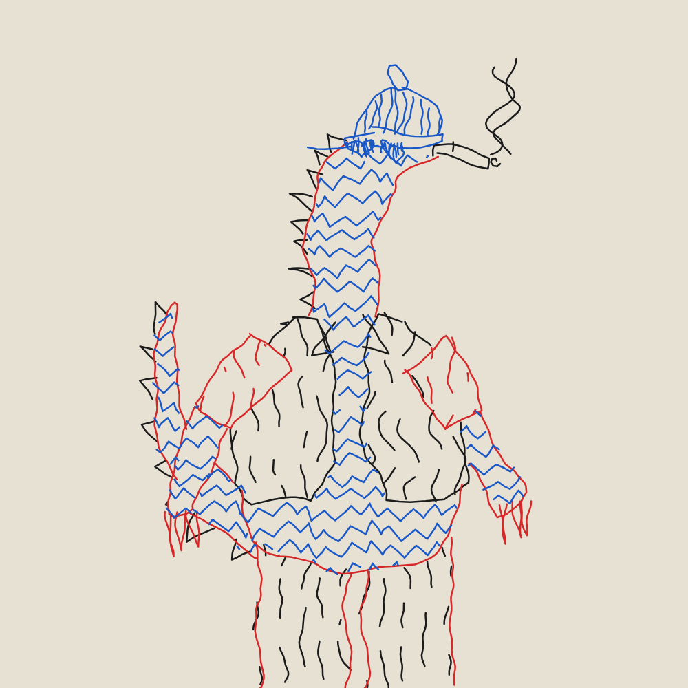 Chillzilla in a blue knit hood, drawn in blue and red ink